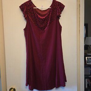 Wine Red Animal Print Velvet/Sheer Dress 1X